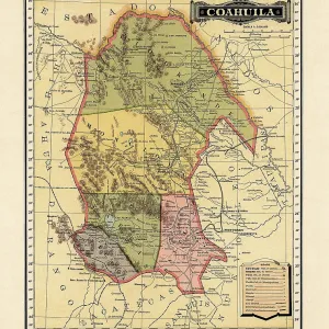 Historical Map of the Country of Mexico, Published in 1885. Estados Unidos Mexicanos, Coahuila