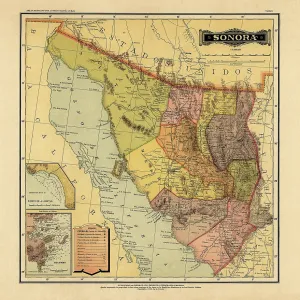 Historical Map of the Country of Mexico, Published in 1885. Estados Unidos Mexicanos, Sonora