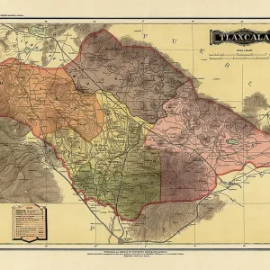 Historical Map of the Country of Mexico, Published in 1885. Estados Unidos Mexicanos, Tlaxcala