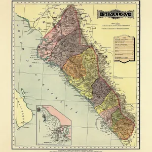 Historical Map of the Country of Mexico, Published in 1885. Estados Unidos Mexicanos, Sinaloa