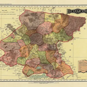 Historical Map of the Country of Mexico, Published in 1885. Estados Unidos Mexicanos, Guanajuato