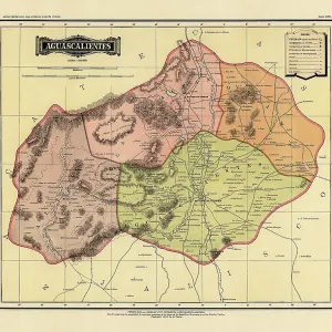 Historical Map of the Country of Mexico, Published in 1885. Estados Unidos Mexicanos, Aguascalientes