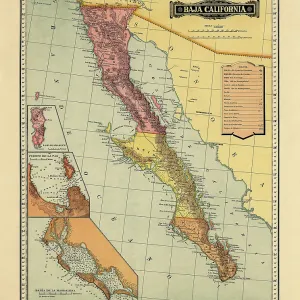 Historical Map of the Country of Mexico, Published in 1885. Estados Unidos Mexicanos, Baja California