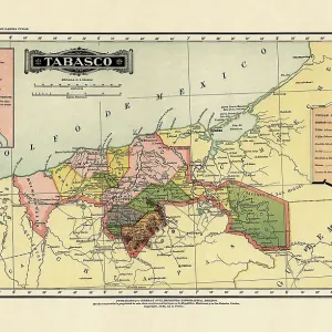 Historical Map of the Country of Mexico, Published in 1885. Estados Unidos Mexicanos, Tabasco