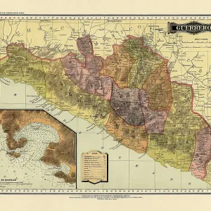 Historical Map of the Country of Mexico, Published in 1885. Estados Unidos Mexicanos, Guerrero