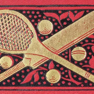 History of Sports, Crossed Tennis racquet and Cricket bat, with balls, Victorian 19th Century