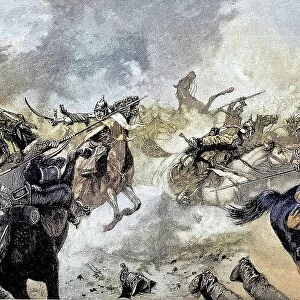 Horsemen fighting on Mars la Tour, France, Situation from the time of the Franco-Prussian War, 1870-1871, Historical, digitally restored reproduction from a 19th century original