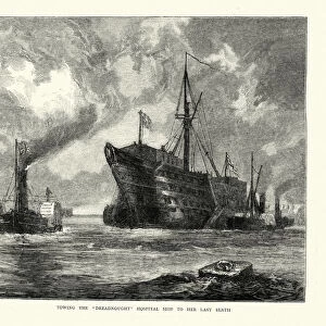 Hospital ship Dreadnought, formaly HMS Caledonia, towed to the breakers yard, 1872, 19th Century