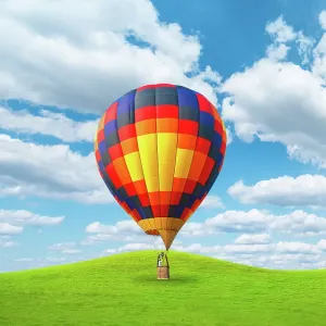 Hot Air Balloon Print on Lush Green Hills Hot Air Balloon Print on Lush Green Hills
