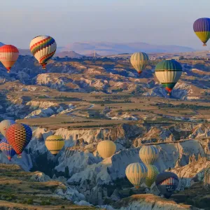 Hot Air Balloon Print over Red Valley Rock Formations in Cappadocia, Turkey Hot Air Balloon Print over Red Valley Rock Formations in Cappadocia, Turkey