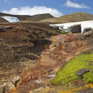 Hot red stream in a volcanic landscape, Eyjafjallajoekull, Iceland, Europe Hot red stream in a volcanic landscape, Eyjafjallajoekull, Iceland, Europe