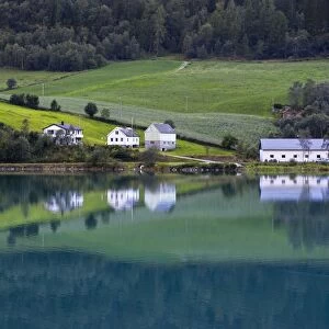 Houses on Lake Oldevatnet, Stryn, Sogn og Fjordane, Norway