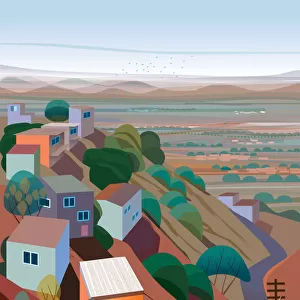 Houses and natural landscape on a Mountain Illustration