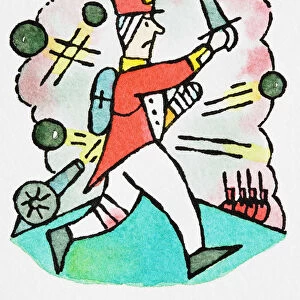 Humorous depiction of Redcoat Soldier rushing into battle holding sword