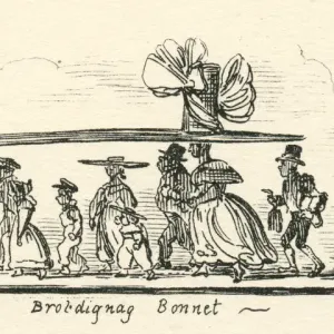 A 19th-century cartoon print of a woman wearing an enormous hat A 19th-century cartoon print of a woman wearing an enormous hat