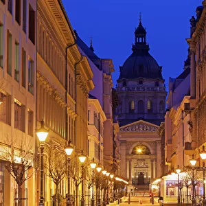 Hungary, Budapest, View along illuminated Zrinyi street