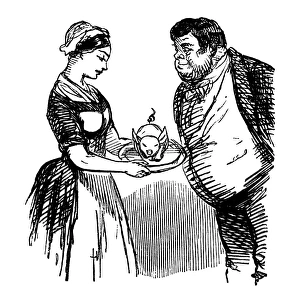 Hungry Victorian man anticipating a suckling pig for dinner