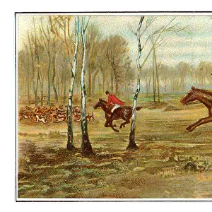 Hunters hunting on horses in forest art nouveau illustration