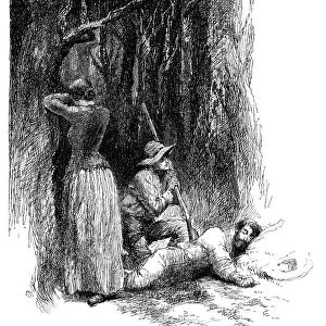 Hunters with woman resting in the forest