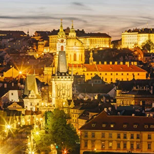 Illuminated Lesser town (Mala Strana) of Prague after the sunset, Czech Republic