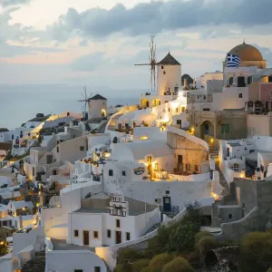 Illuminated Oia Village Print at Dusk, Santorini Illuminated Oia Village Print at Dusk, Santorini
