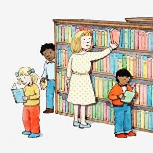 Illustration of adults and children looking at books in a library