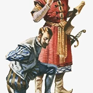 Illustration of Algerian corsair standing over Cervantes who is kneeling with hands tied behind back