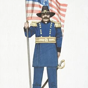 Illustration, American Civil War Union soldier holding stars and stripes flag