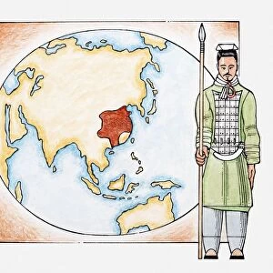 Illustration of ancient Chinese warrior in front of a map of China