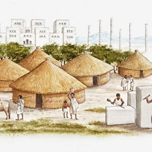 Illustration of ancient East African city of Axum showing people working marble in the foreground, conical grass huts, and royal palace in background
