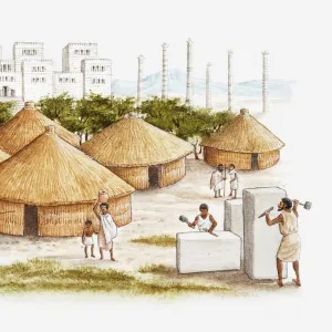 Illustration of ancient East African city of Axum showing people working marble in the foreground, conical grass huts, and royal palace in background