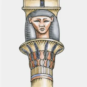 Illustration of ancient Egyptian capital depicting head of Hathor Illustration of ancient Egyptian capital depicting head of Hathor