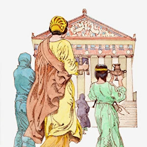 Illustration of ancient Greek girl and mother visiting a temple