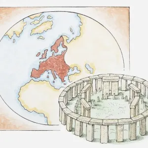 Illustration of ancient stone circle in front of a map of Europe Illustration of ancient stone circle in front of a map of Europe