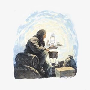 Illustration of Antarctic explorer Douglas Mawson heating food on cooker inside cave