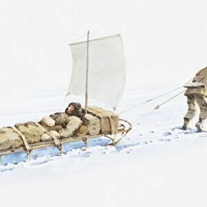 Illustration of Antarctic explorer pulling sledge with man on it