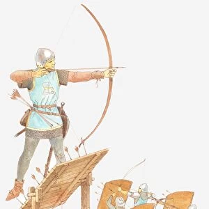 Illustration of archer with longbow, archers with shields, and cannon during Hundred Years War
