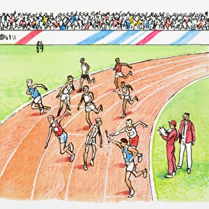 Illustration of athletes passing the baton during relay race as sports officials look on