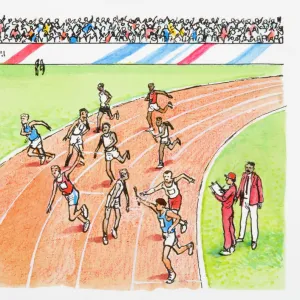 Illustration of athletes passing the baton during relay race as sports officials look on