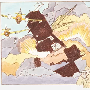 Illustration of the attack on Pearl Harbour by Japanese bombers during World War II, and inset of soldier looking through binoculars