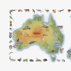 Illustration of Australia, Tasmania, and New Zealand, showing fauna, flora and places of interest