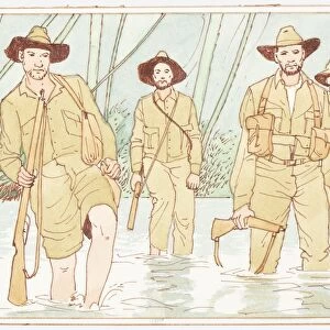 Illustration of Australian soldiers of the Pacific War during World War II wading through swamp