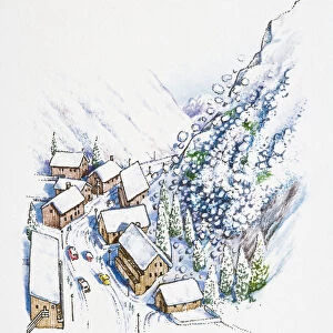 Illustration of avalanche moving down mountains to snow-covered rooftops in valley