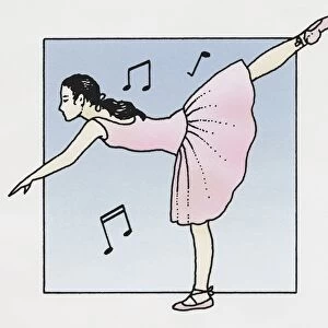 Illustration of ballet dancer leaning forward on one leg with other leg in the air using vestibulocochlear nerves to balance