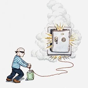Illustration of bank robber making a safe explode