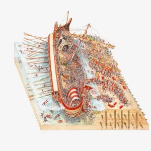 Illustration of battle between Egyptians and Julius Ceasars force causing galley to sink, Great Harbour, Alexandria Illustration of battle between Egyptians and Julius Ceasars force causing galley to sink, Great Harbour, Alexandria