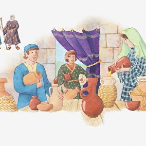 Illustration of a bible scene, 2 Kings 4, Jars of Oil, Elisha advises a poor family to pour olive oil from their jar into empty ones, God ensures the oil never runs out