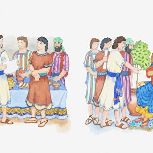 Illustration of a bible scene, Daniel 2, Daniel and Nebuchadnezzar, Daniel interprets the kings dreams