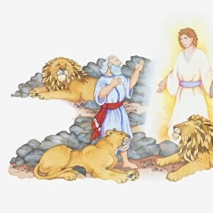 Illustration of a bible scene, Daniel 6, Daniel in the lions den, protected by an angel