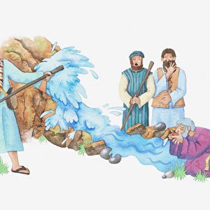 Illustration of a bible scene, Exodus 17, Water from rock, Moses strikes the rock with his staff and water for the thirsty Israelites pours from it